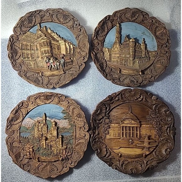 Vintage German  Wood/Resin 3D Carved Plates Lot Of 4 German Landmarks - Picture 1 of 10